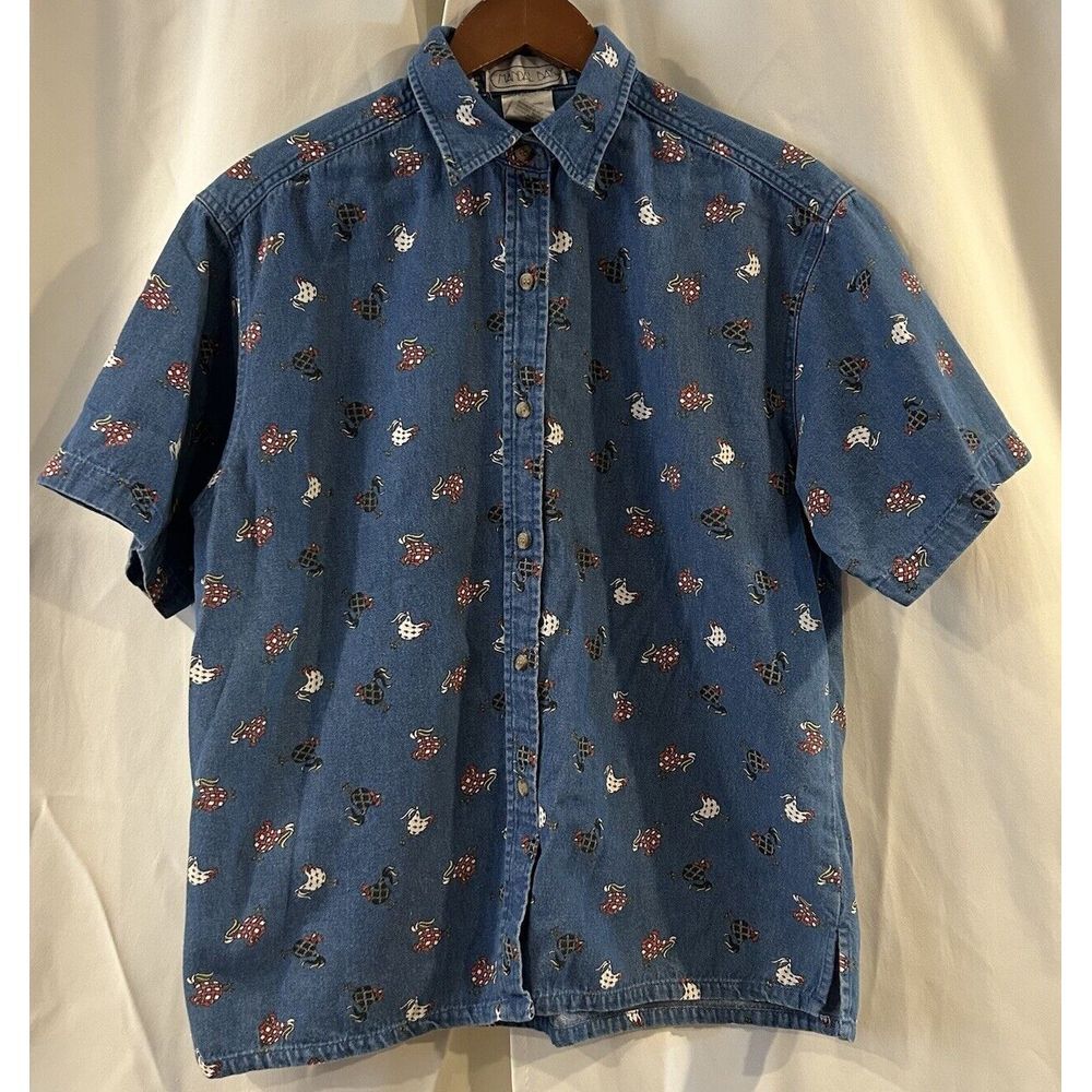 Vintage Womens Denim Shirt S/M Chickens Roosters Button Up Short‎ Sleeve Cotton
